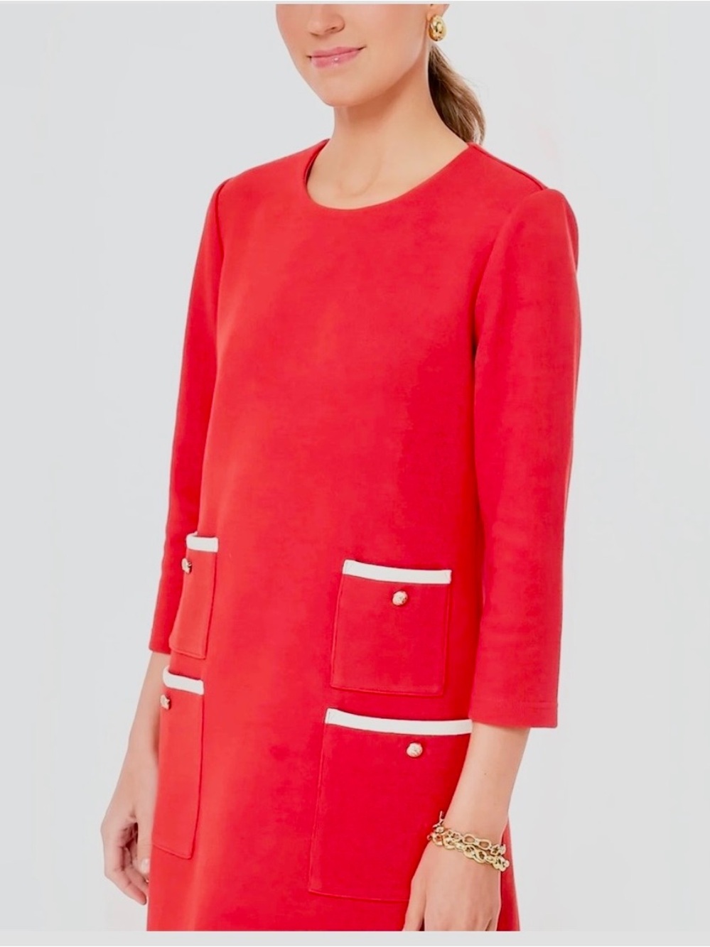 Tuckernuck Red Long Sleeve Shift Dress with White Trim Pockets